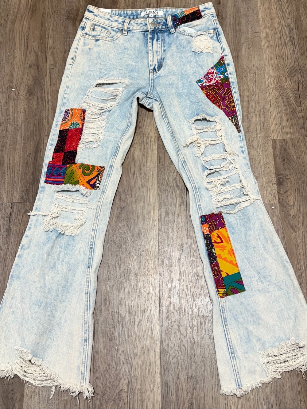 Almost Famous Vintage Boho Patchwork Distressed Wide Leg Flare Jeans Colorful